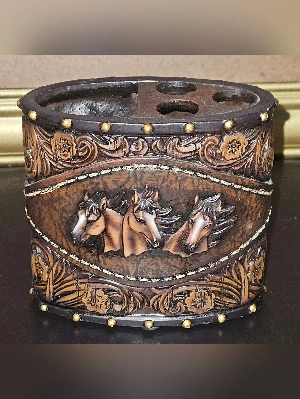 Equestrian Themed Tooled Leather & Carved Resin Toothbrush Caddy